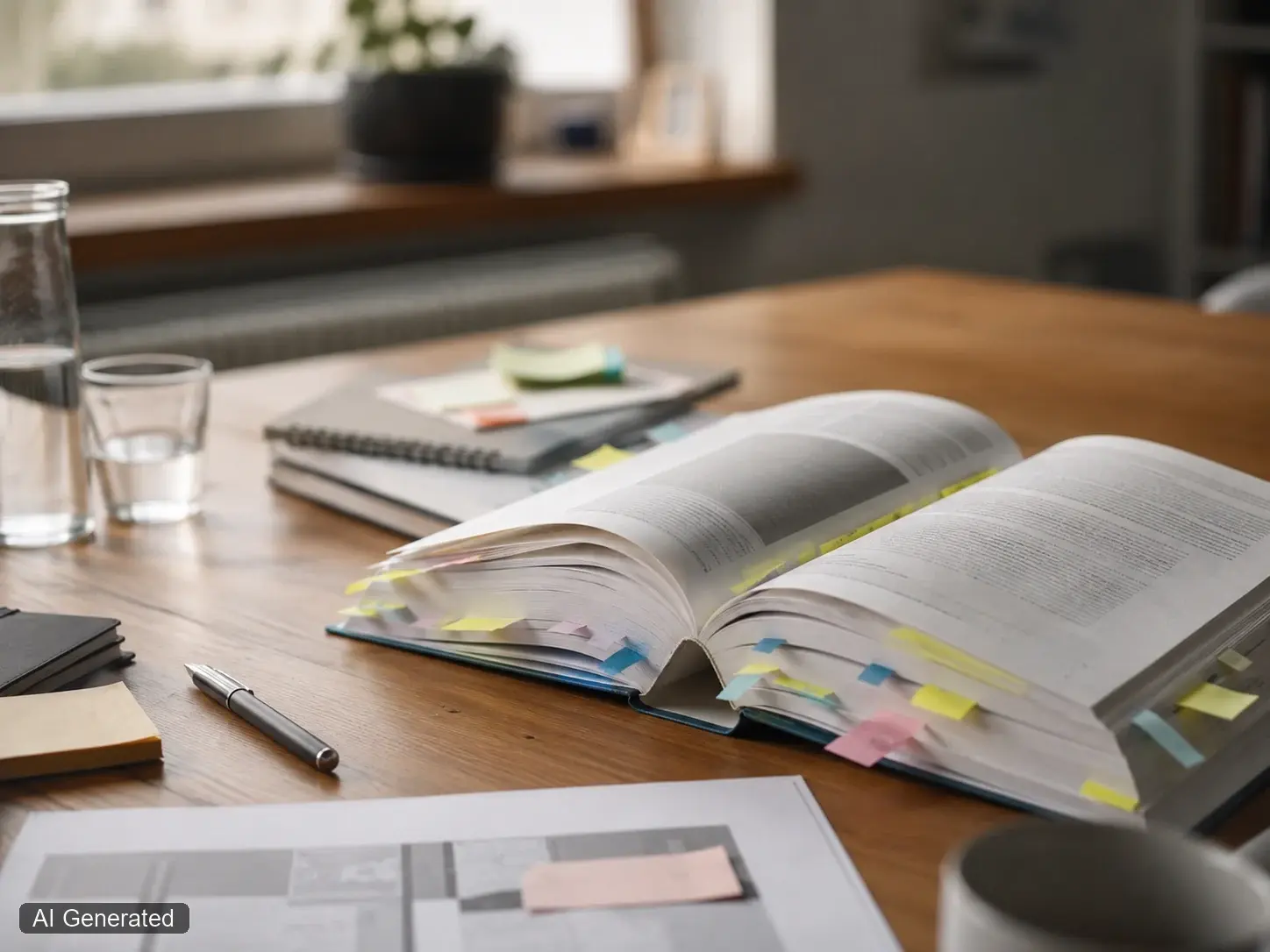 Ein markiertes Buch mit Arbeitsunterlagen und Notizen auf einem Tisch.