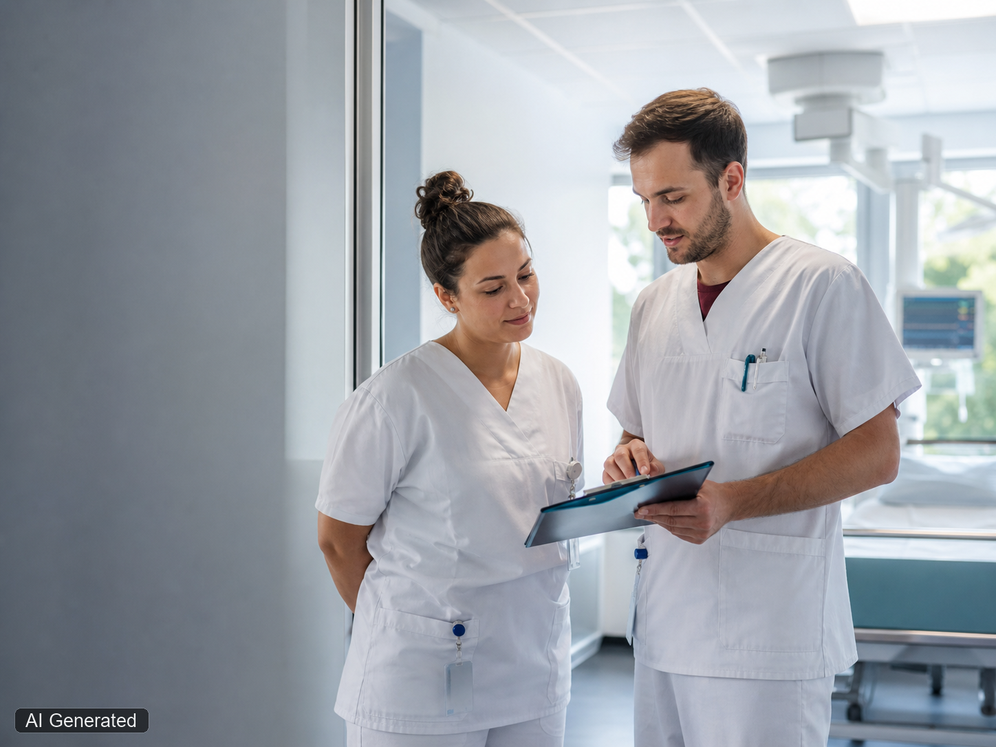 Zwei Pflegefachkräfte stimmen sich auf einer Krankenhausstation ab.